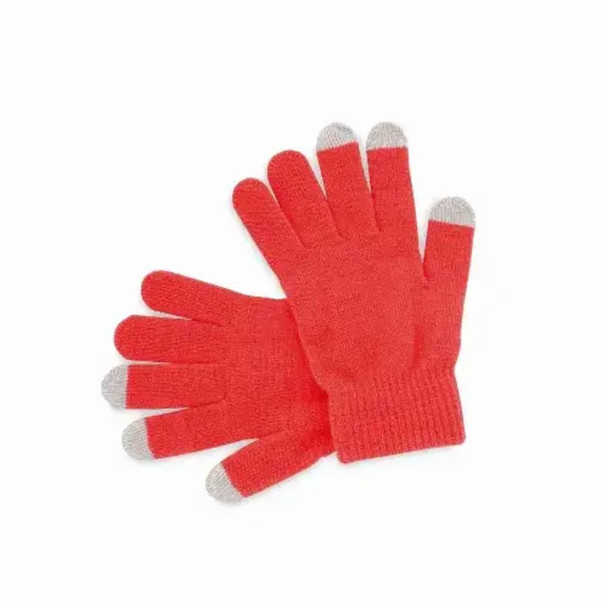A pair of red gloves with grey tips, featuring a textured fabric and a ribbed cuff. The product has a logo.