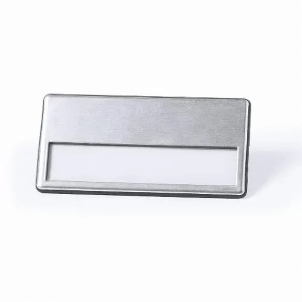 A metal nameplate holder in silver, featuring a clear window for displaying a name or label.