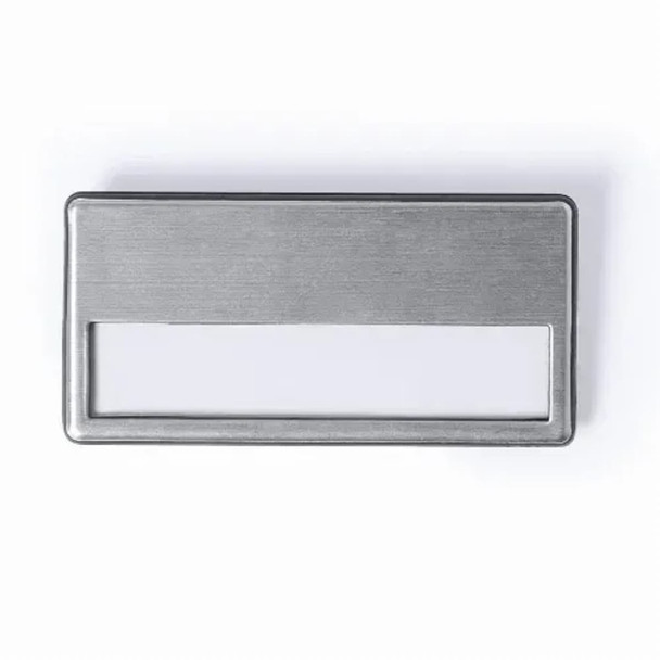 A rectangular metal label holder with a clear window, featuring a brushed silver finish.