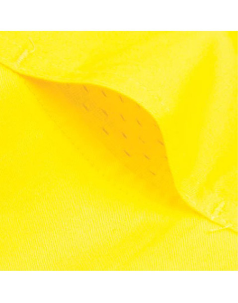 A close-up of vibrant yellow fabric, showcasing a breathable weave, suitable for safety shirts. Features a logo.