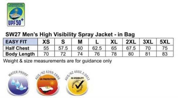 A high visibility spray jacket in a bag with reflective elements, available in various sizes, featuring a logo. A high visibility spray jacket in a bag with reflective elements, available in various sizes, featuring a logo.