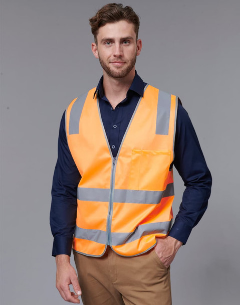 A high-visibility safety vest in bright orange with reflective strips, featuring a front pocket and a logo.