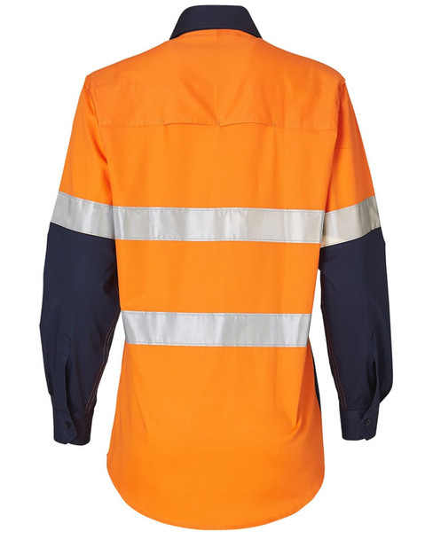 A high-visibility long-sleeve safety shirt in orange and navy, featuring reflective strips and a branded logo. A high-visibility long-sleeve safety shirt in orange and navy, featuring reflective strips and a branded logo.