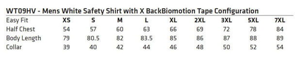A size chart for a men's white safety shirt, featuring measurements for various sizes. The shirt includes biomotion tape configuration. A size chart for a men's white safety shirt, featuring measurements for various sizes. The shirt includes biomotion tape configuration.
