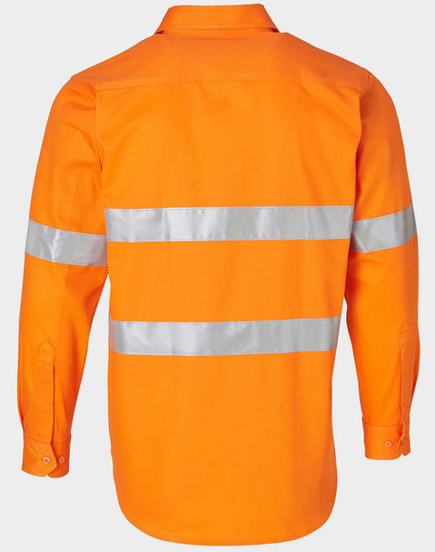 A men's long-sleeve drill shirt in high-visibility orange, featuring reflective 3M tape stripes.