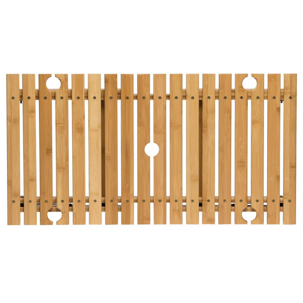 A rectangular bamboo table with slatted design, featuring a central hole and two side openings.