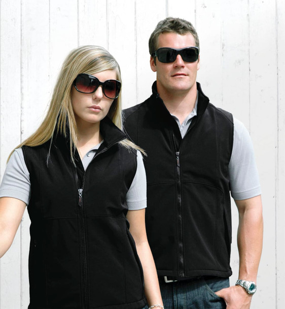 A black soft shell vest for men and women, featuring a zip closure and a logo.