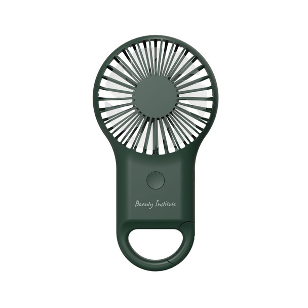 A green carabiner mini fan with an LED light, featuring a branding logo on the front.
