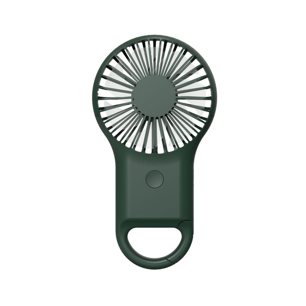 A green carabiner mini fan featuring an LED light, designed for portability with a handle for easy attachment.