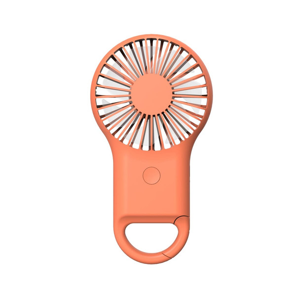 A coral mini fan with an LED light and a built-in carabiner. It features a circular grille design.