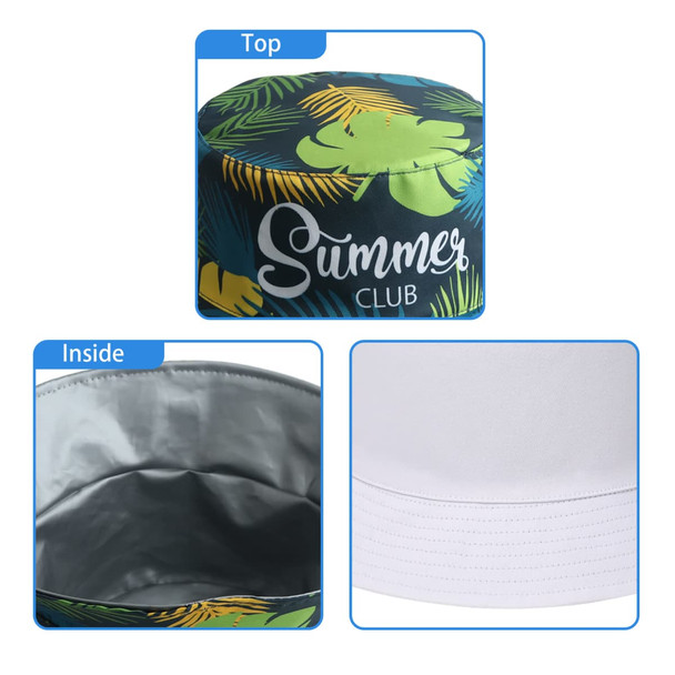 A tropical-patterned ice bucket hat with a green and yellow design, featuring a silver interior and a logo. A tropical-patterned ice bucket hat with a green and yellow design, featuring a silver interior and a logo.