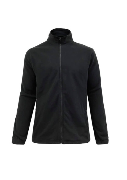 A plain black micro fleece jacket with a zippered front and a high collar, featuring long sleeves and a logo. A plain black micro fleece jacket with a zippered front and a high collar, featuring long sleeves and a logo.