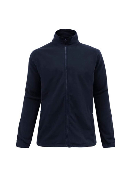 A plain navy micro fleece jacket with a zip front and high collar, featuring long sleeves. It has a branding logo. A plain navy micro fleece jacket with a zip front and high collar, featuring long sleeves. It has a branding logo.