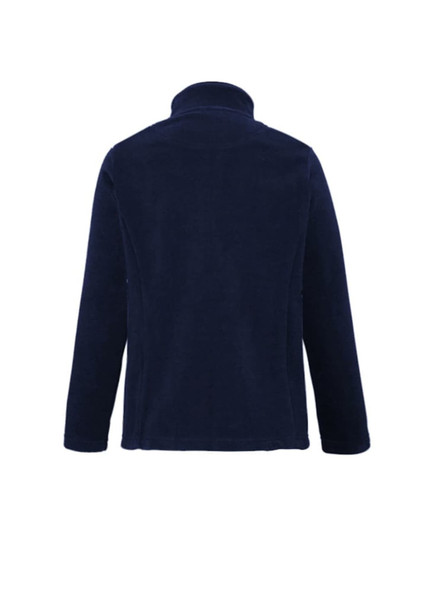 A navy women's plain micro fleece jacket with a high collar and long sleeves. Features a logo on the back. A navy women's plain micro fleece jacket with a high collar and long sleeves. Features a logo on the back.