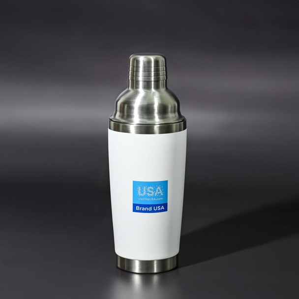 A drink bottle in white and stainless steel with a logo, featuring a shaker design.
