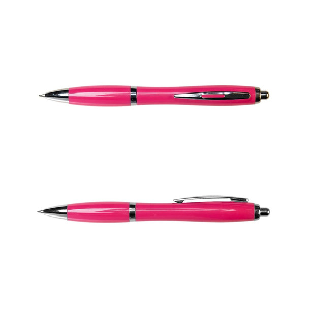 A pink metal pen with a sleek design and silver accents, featuring a clip and a retractable tip.