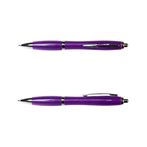 A metal pen in vibrant purple with a shiny chrome clip and tip, featuring a sleek design.