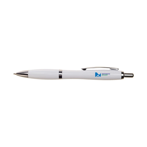 A white plastic pen with a silver clip and a branding logo.