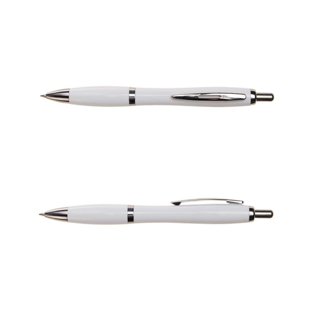 A white plastic pen with silver accents and a clip, featuring a sleek design. It has a logo on the barrel.