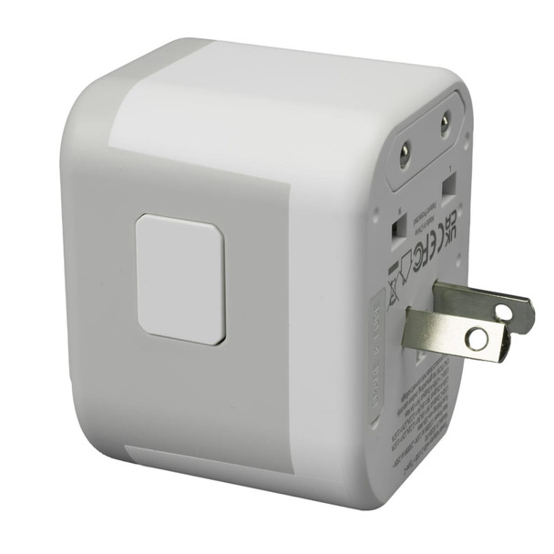A travel adaptor in white with a compact design and a folding plug. It features multiple ports on one side.