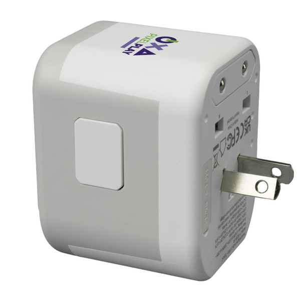 A travel adaptor in white with a square design and a branded logo on one side.