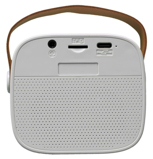 A white mini speaker with a brown strap, featuring ports and a perforated speaker grille.