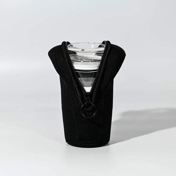A black pouch with a zipper, designed to hold a clear drink bottle securely.
