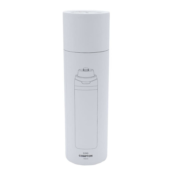 A drink bottle in a sleek white design, featuring a concealed cap and a brand logo. A drink bottle in a sleek white design, featuring a concealed cap and a brand logo.