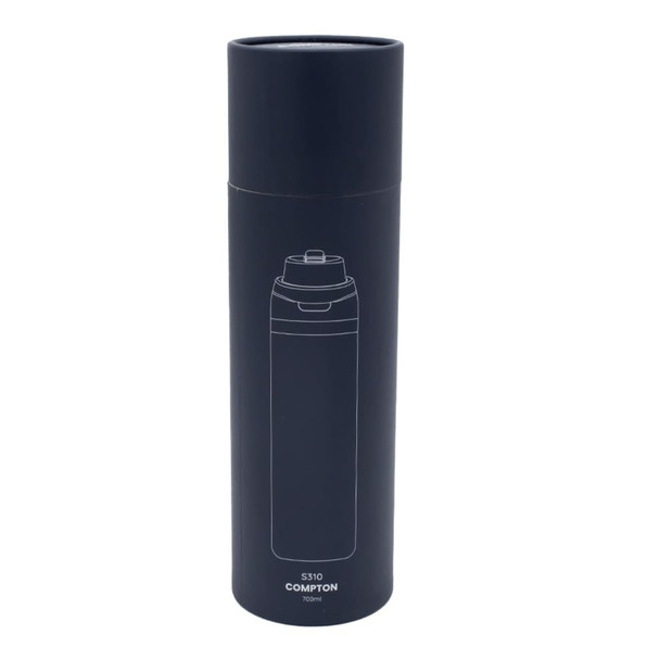 A drink bottle with a sleek black design, featuring a lid and a branding logo. Holds 700mL. A drink bottle with a sleek black design, featuring a lid and a branding logo. Holds 700mL.