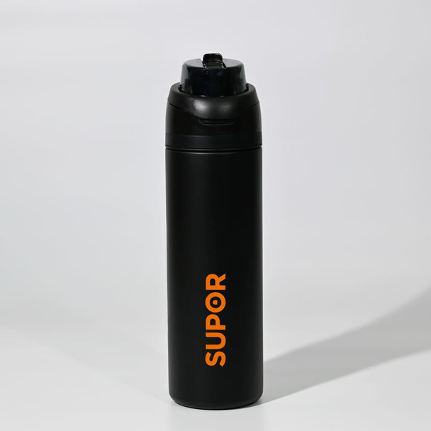 A drink bottle in matte black with an orange logo, featuring a secure flip-top lid.