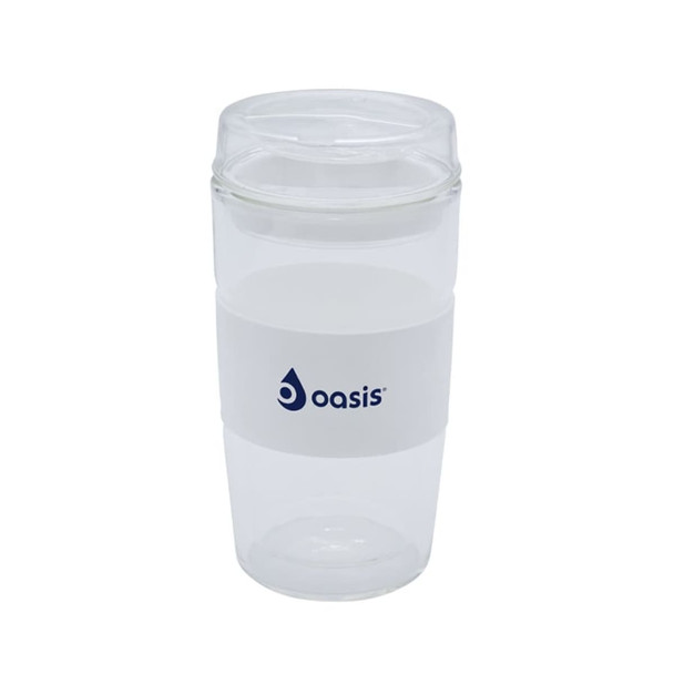 A reusable coffee cup in clear and white, featuring a logo and a cylindrical shape.