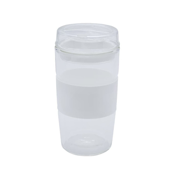 A reusable coffee cup in clear and white, featuring a textured band and a lid. Includes a logo.