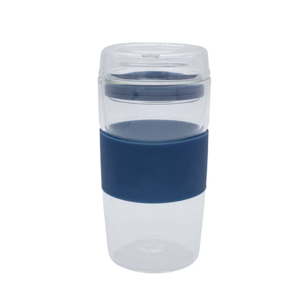A reusable coffee cup in clear plastic with a navy silicone grip and lid. It has a sleek design perfect for drinks.