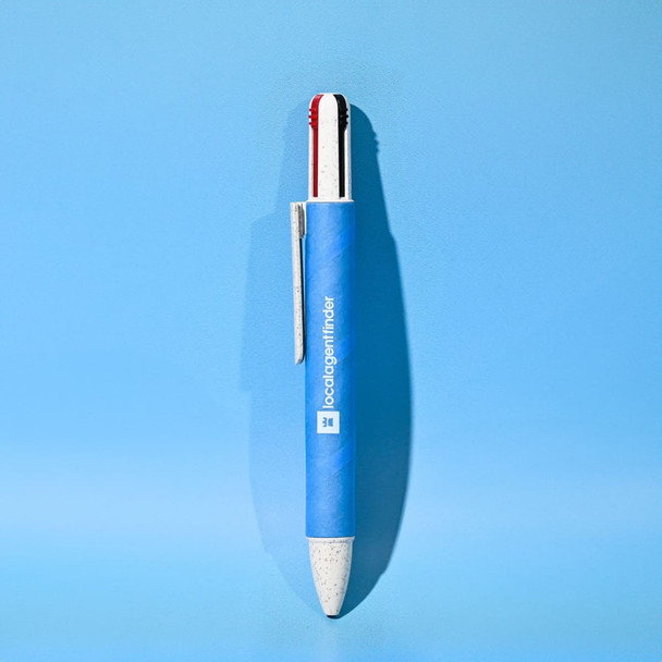 A blue eco pen with a textured white barrel and red and black ink tips, featuring a branding logo.