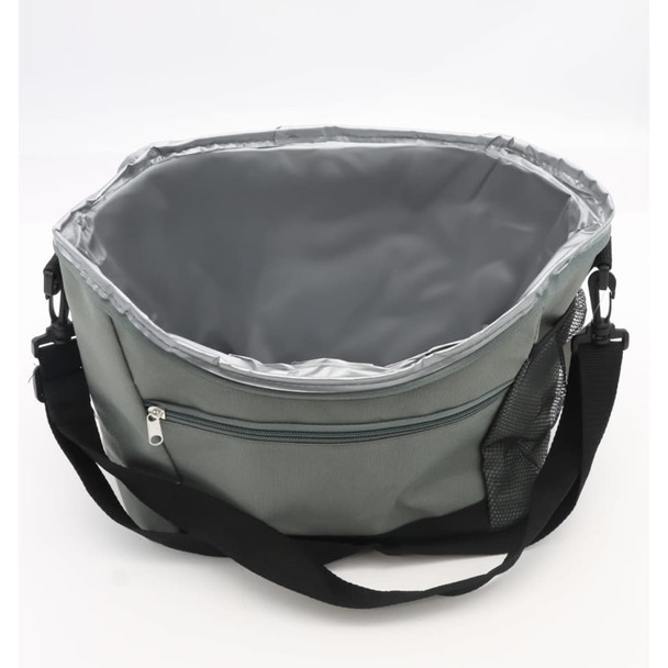 A grey cooler bag with a silver interior and an adjustable strap, featuring a zippered outer pocket.