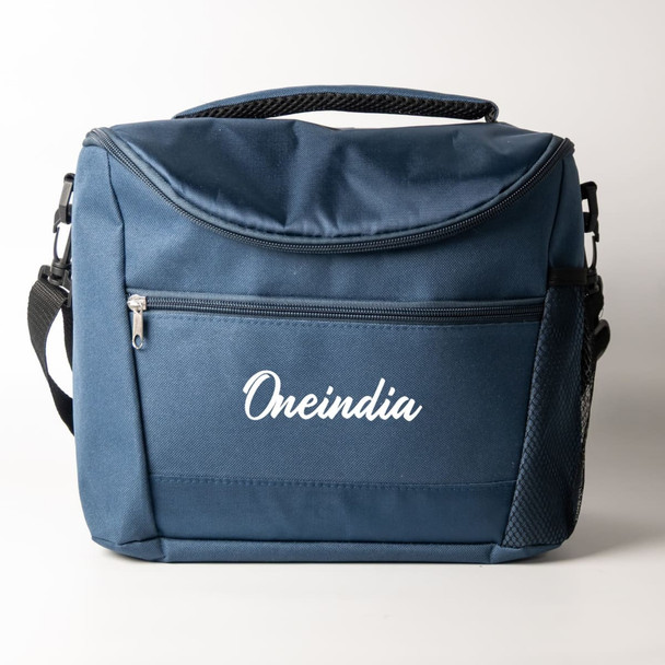 A navy cooler bag with a front zip pocket and a mesh side pocket, featuring a logo.