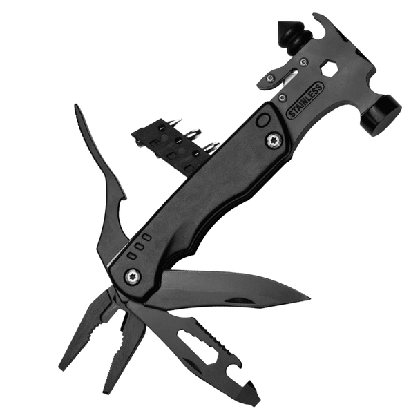 A black multi-tool featuring pliers, a hammer, and various additional tools, designed for versatility and durability.