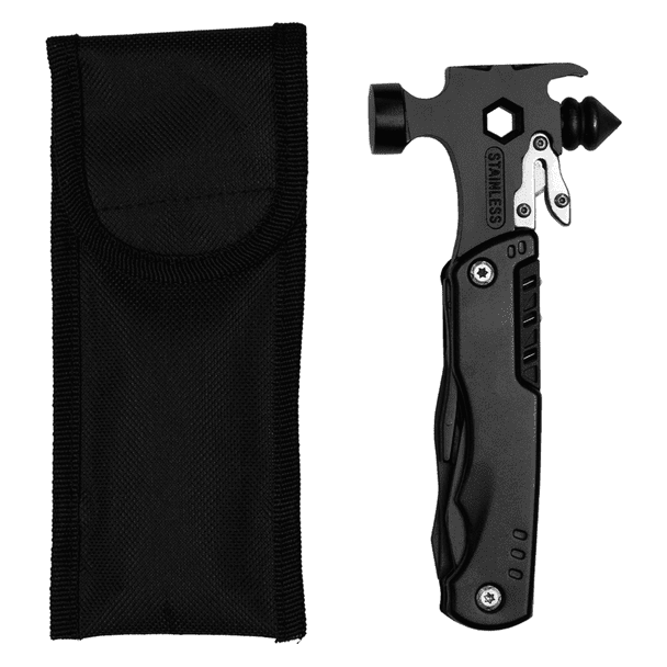 A black multi-tool and survival hammer with a sheath, featuring various tools and a logo.
