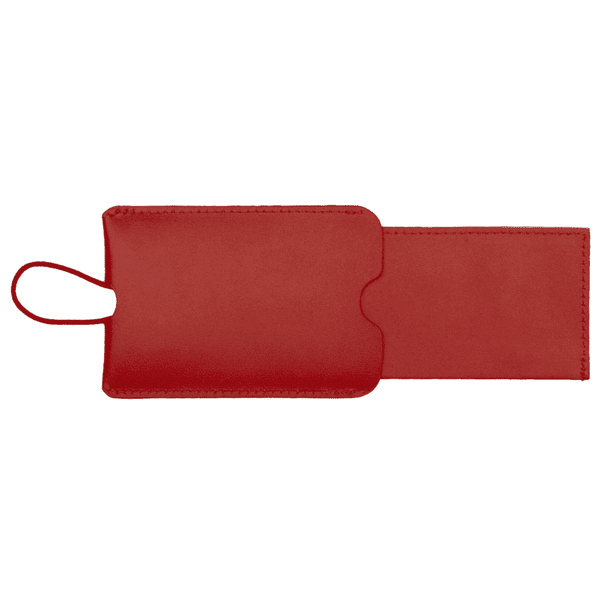 A red pull-apart leather luggage tag with a loop for attachment and a sleek design.
