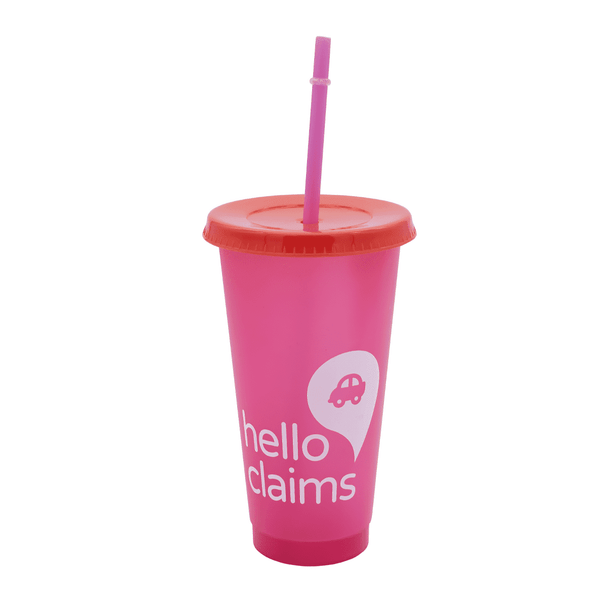A drink bottle featuring a pink body and a red lid with a straw, includes a logo on the front.