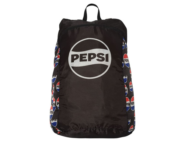 A fold-up backpack in black with a colourful Pepsi logo pattern and a top handle for easy carrying.
