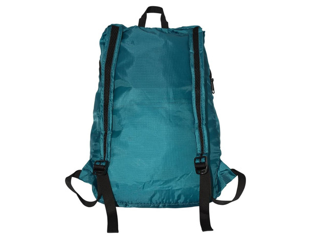A teal fold-up backpack with black straps, featuring a zippered pocket and a logo. Ideal for easy storage.