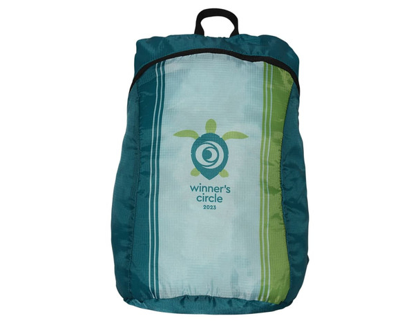 A fold-up backpack in teal and green with a logo on the front.