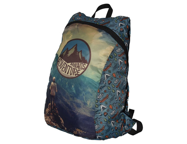 A fold-up backpack featuring a scenic mountain graphic in blue and green with a patterned side, and a logo on the front.