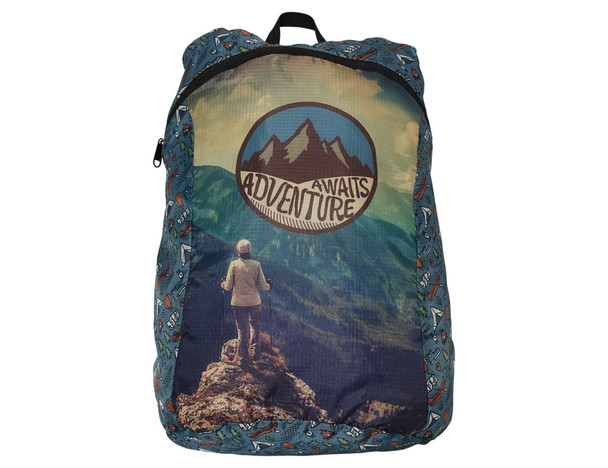 A fold-up backpack featuring a scenic mountain design in blue, with a logo and vibrant patterns.