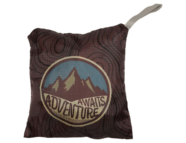 A fold-up backpack featuring a mountain design in earthy tones with a built-in carrying handle. It has a logo.