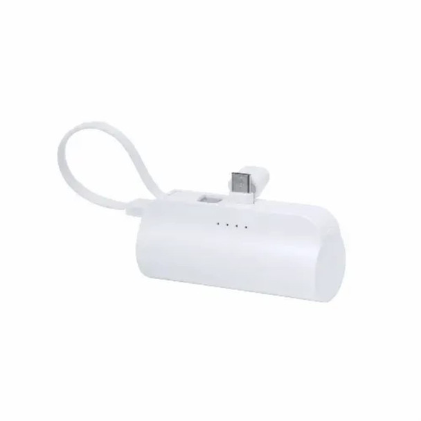 A white power bank with a cable attached, featuring indicator lights and a charging port.