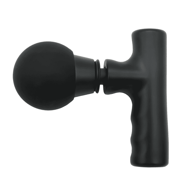 A black mini massage gun with a spherical attachment and an ergonomic handle.