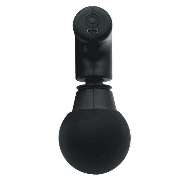 A black mini massage gun with a round attachment, featuring a charging port on the top.