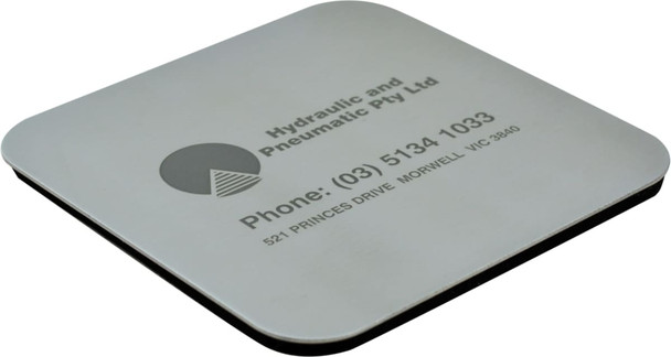 A square metallic coaster featuring a logo and contact information, with a black underside. A square metallic coaster featuring a logo and contact information, with a black underside.